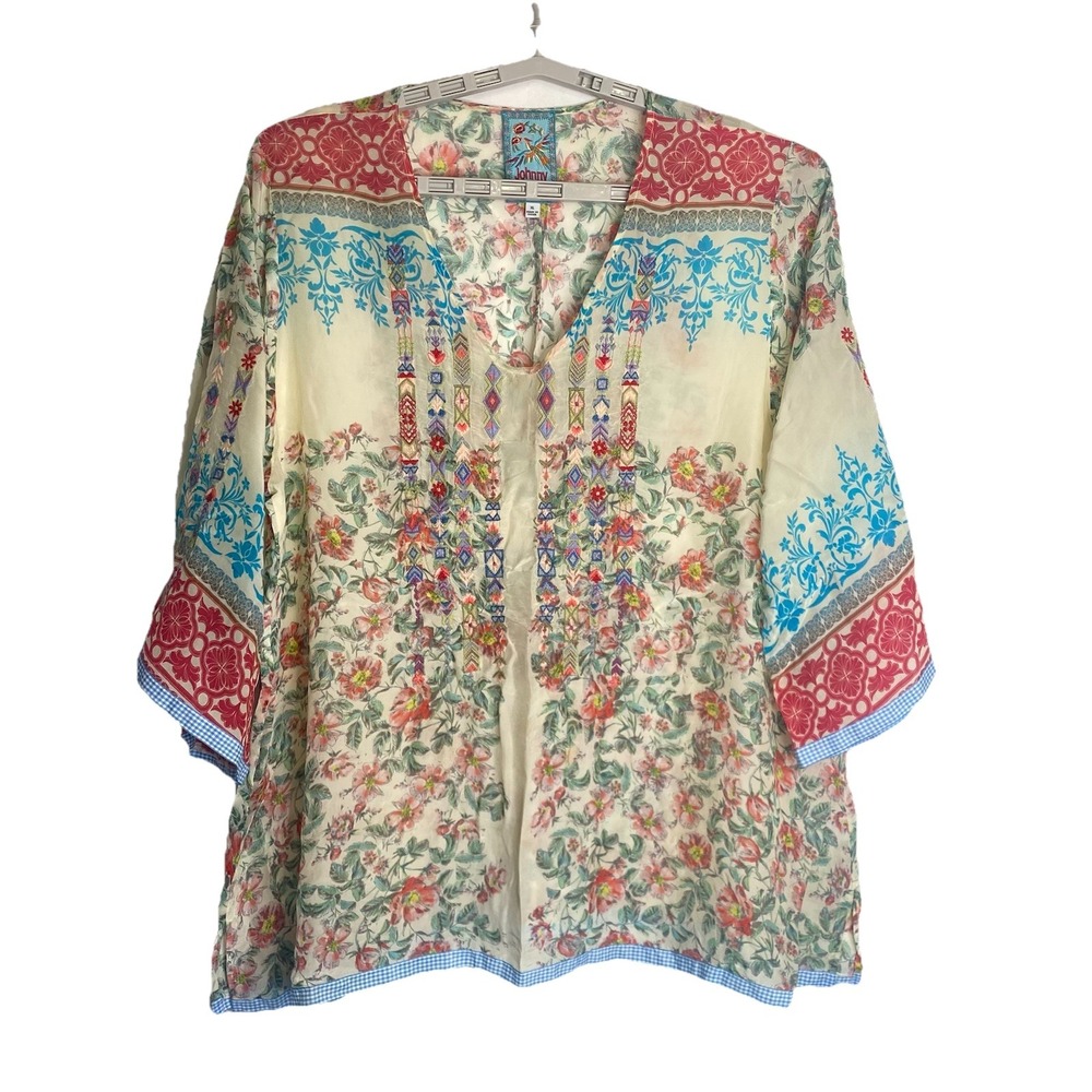 Johnny Was V Neck Jade Embroidered Top Sz XL‎ Boho Bell Sleeve Holiday Tunic